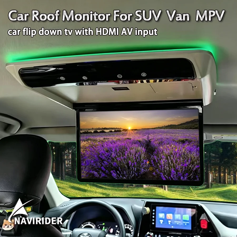 14Inch Android 13 Flip‑Down Car Ceiling Monitor 1920×1080 LED Overhead Car TV Touch Key Fly Mouse Remote Rear Seat Entertainment