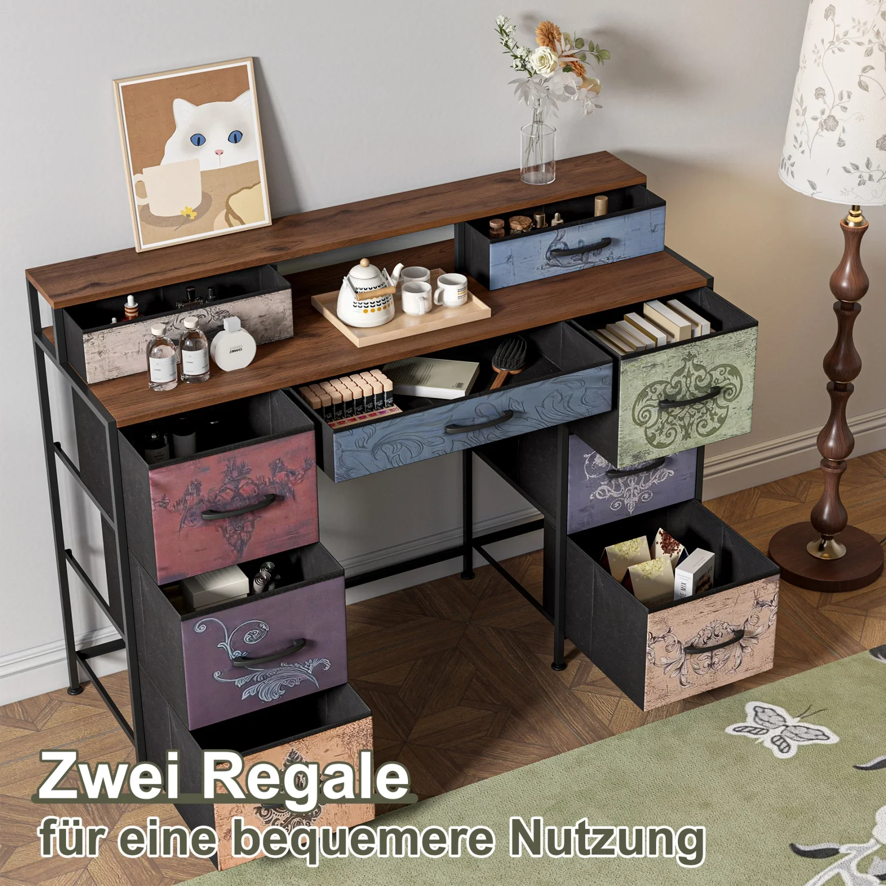 طاولة زينة Rosahqnda مع 9 أدراج، خزانة ذات أدراج، خزانة ذات أدراج قماشية، إطار معدني، أدراج قماش 121x40x91.2 سم