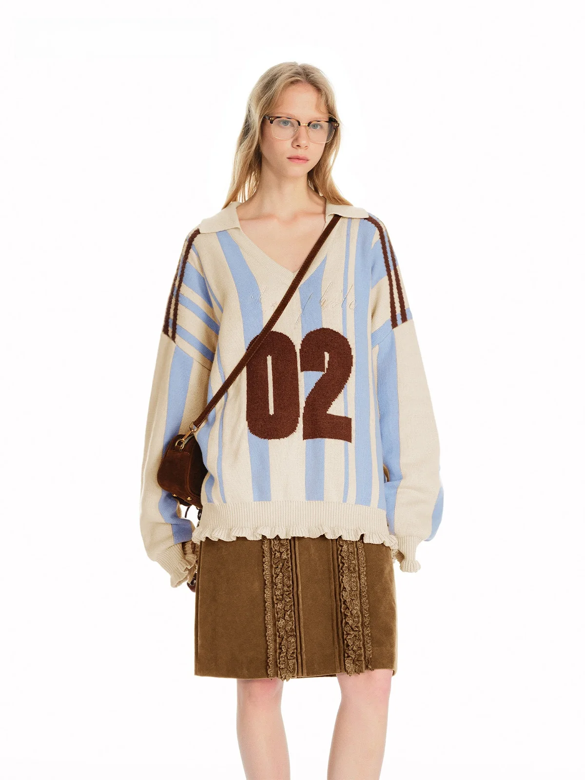 

Outthe синий женский свободный крой свитер с v-образным вырезом и цветочной отделкой, цветной полосатый повседневный длинный вязаный топ