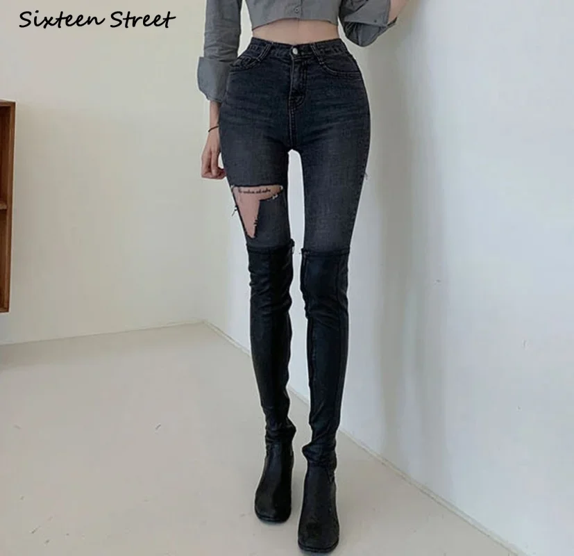 High Waist Ripped Jeans Women Streetwear Gray Vintage Hole Stretch Pencil Pants Women Denim Mom Korean Style Y2k Jeans