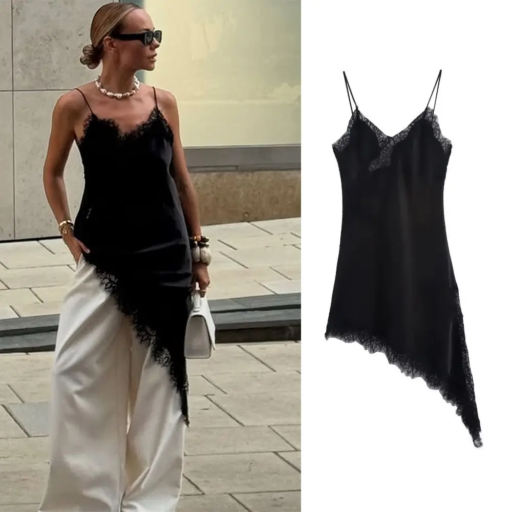 

New Satin Women's Lace Dress Sexy Lace Asymmetry Ladies Dress Sleeveless V Neck Backless Dress Summer Wear