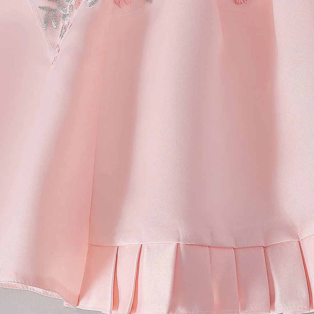 Flower Embroidered Pink Girls Dress Bridemaid Birthday Princess Kids Party Dresses for Girl Wedding Short Sleeve Evening Costume