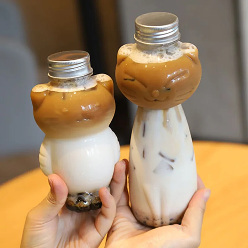 350/500ml Cartoon Cat Shape Water Bottle Kawaii Animals Milk Coffee Cup Beverage PET Bottle Cold Drink Sealed Cap Cat Bottle