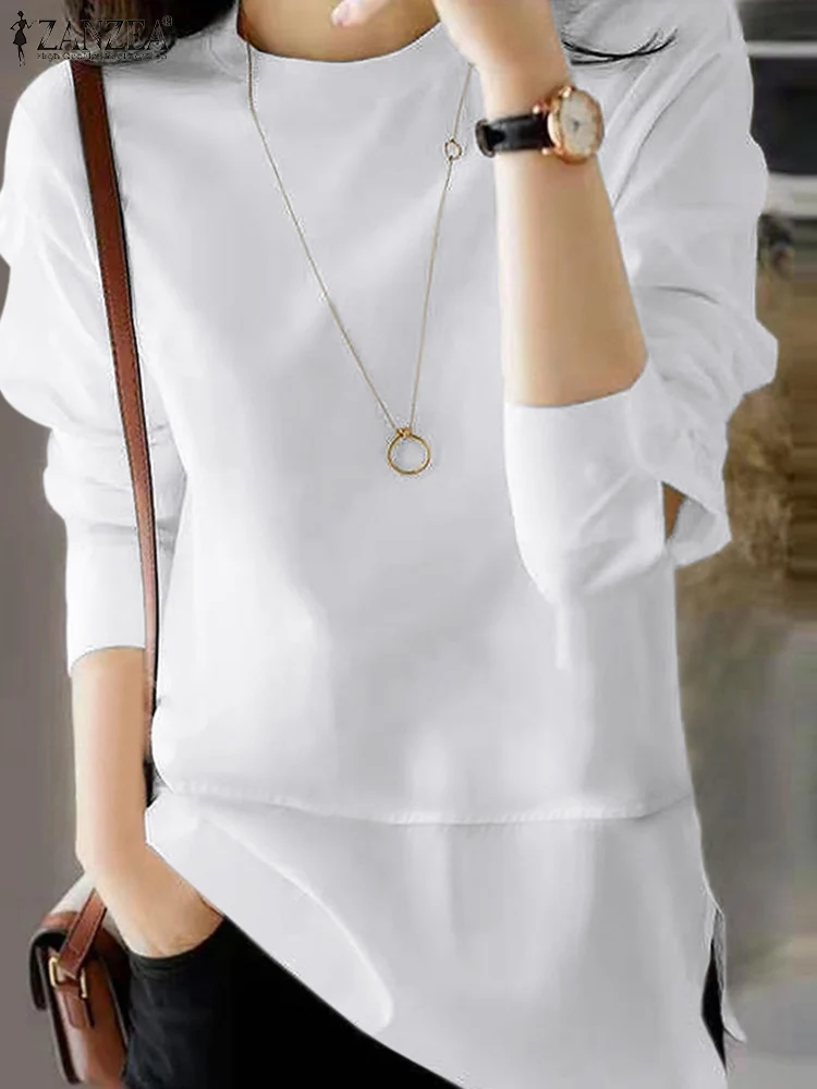 Stylish Women White Blouse Autumn Work Solid Shirt 2024 ZANZEA Casual O Neck Long Sleeve Patchwork Blusas Femme Tunic Tops Mujer