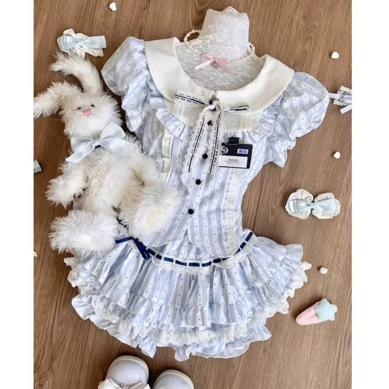 

Striped Y2K Aesthetic Checkered Top Dresses Set Summer Japanese Cute Shirt Top Sweet Fluffy A-line Skirt Tee Top Dresses Set New
