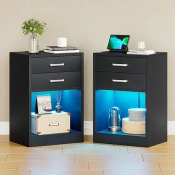 Image LED Nightstands Set of 2,Night Stands for Bedrooms Set of 2,Nightstand with Charging Station and LED Lights,Black Bedside Table