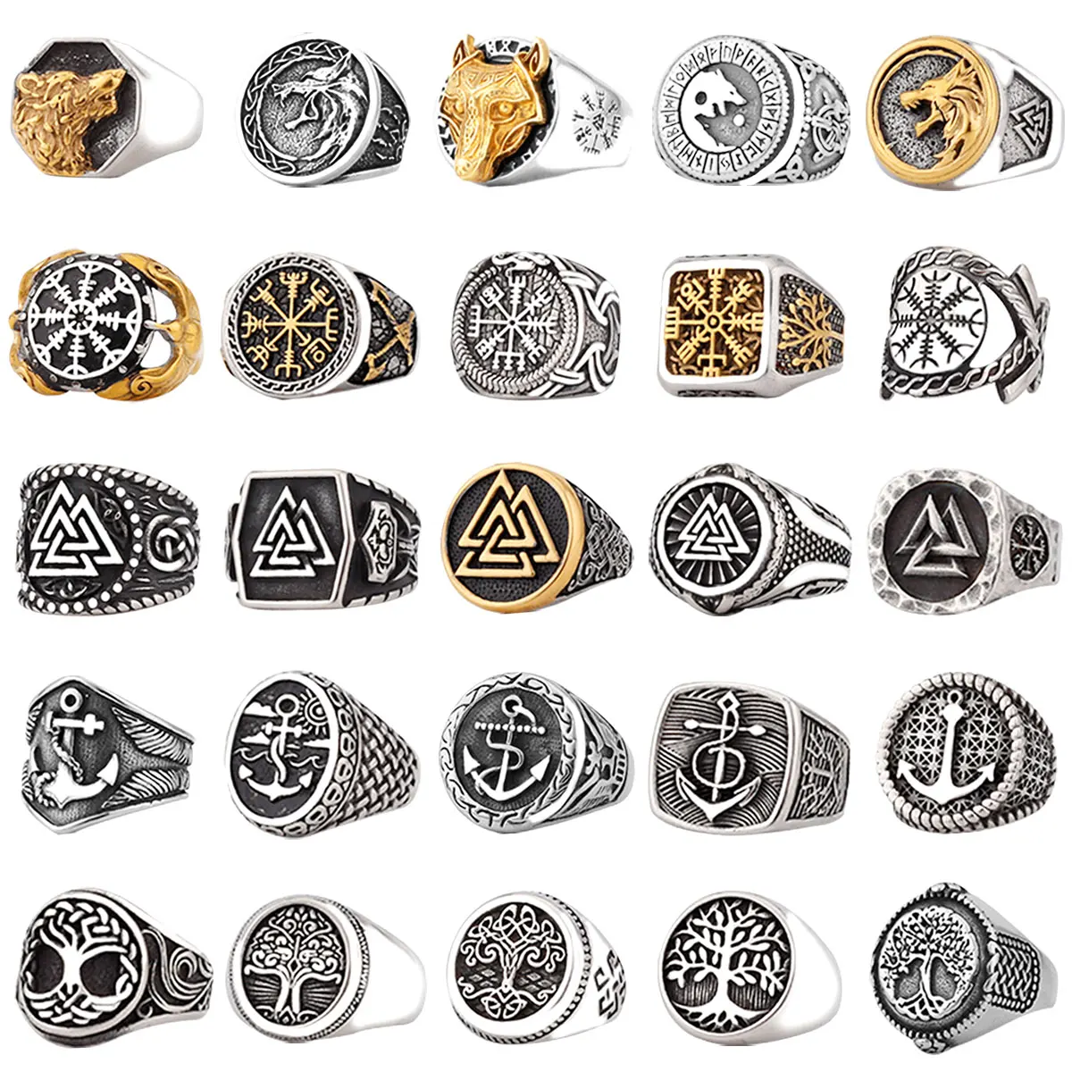 Viking Stainless Steel Ring Anchor Compass Tree of Life Nordic Viking Rune Wolf Men and Women Ring Jewelry for Boyfriend as Gift