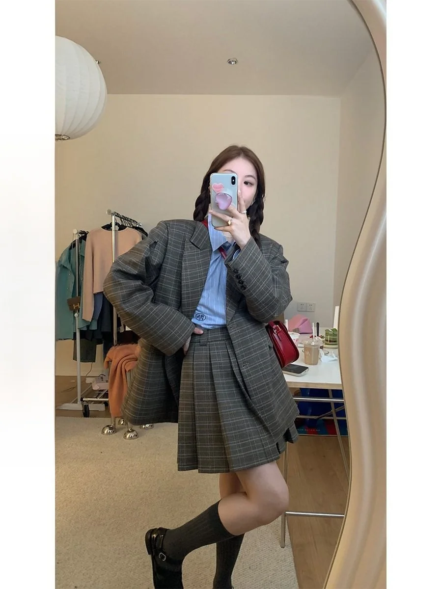

Imxiang Welsh Plaid Suit Skirt Set Women's Fashion Ensemble Long Sleeve Regular Length Spring Season Two-Piece Set