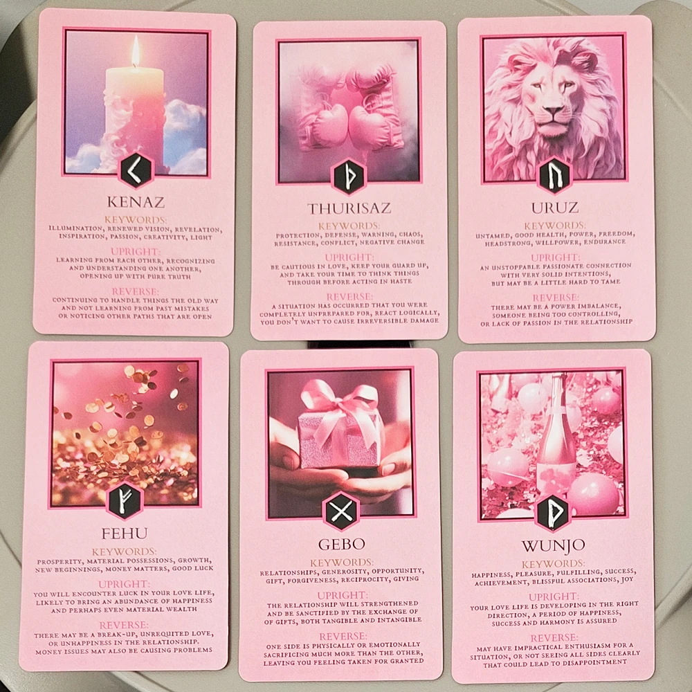 Baraja de runas de amor - Tarjetas de oráculo rosa de 25 piezas para guía y adivinación de relaciones - Mediciones de runas de Futhark mayores 10,3 x 6 cm