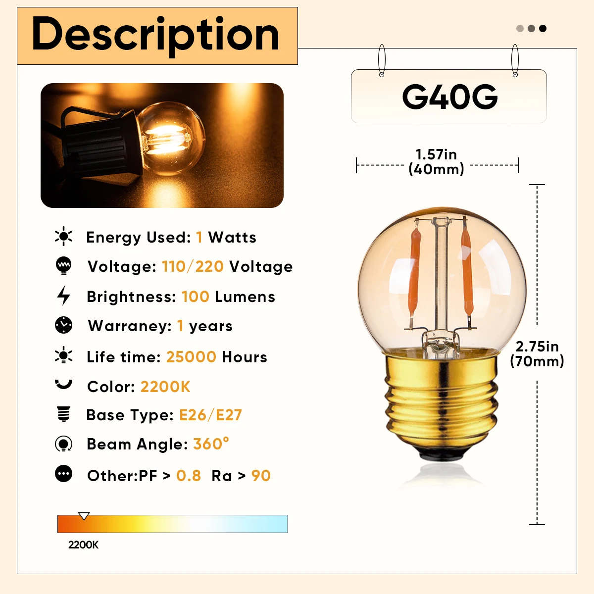 Amber G40 Led Bulb E27 220V E26 110V Vintage Filament Lamp 1W Warm White Indoor Pendant Night Light Decoration Home Light Bulb