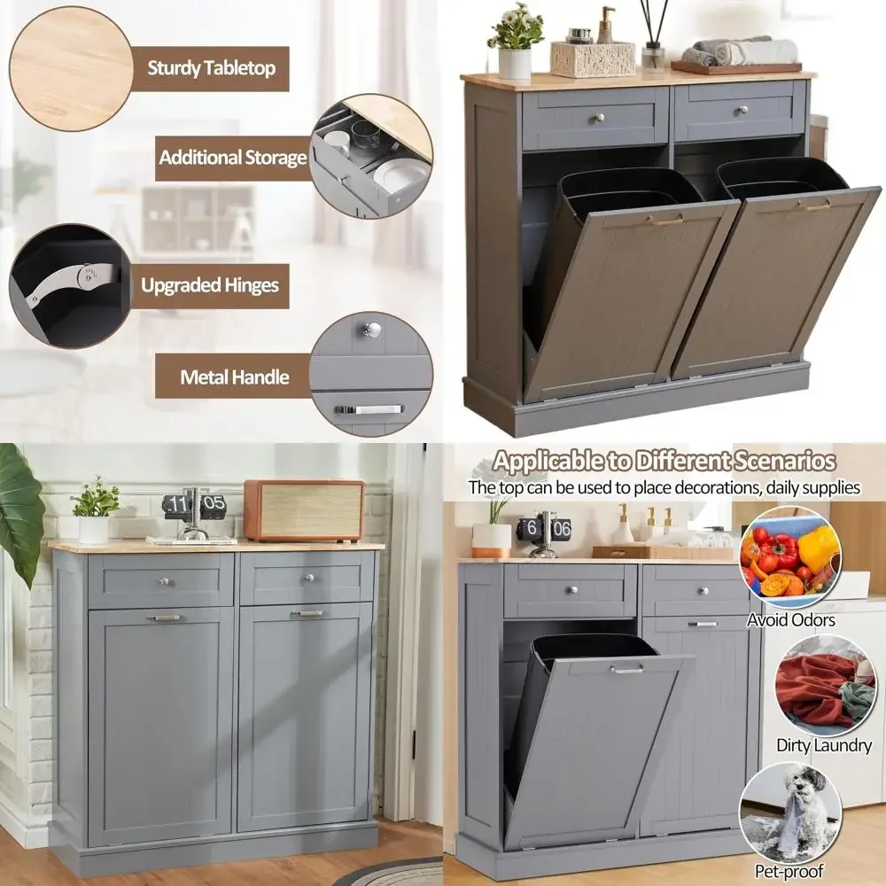 

Dual Bin Trash Cabinet, 26 Gallon Capacity, Hidden Recycling Storage, Grey