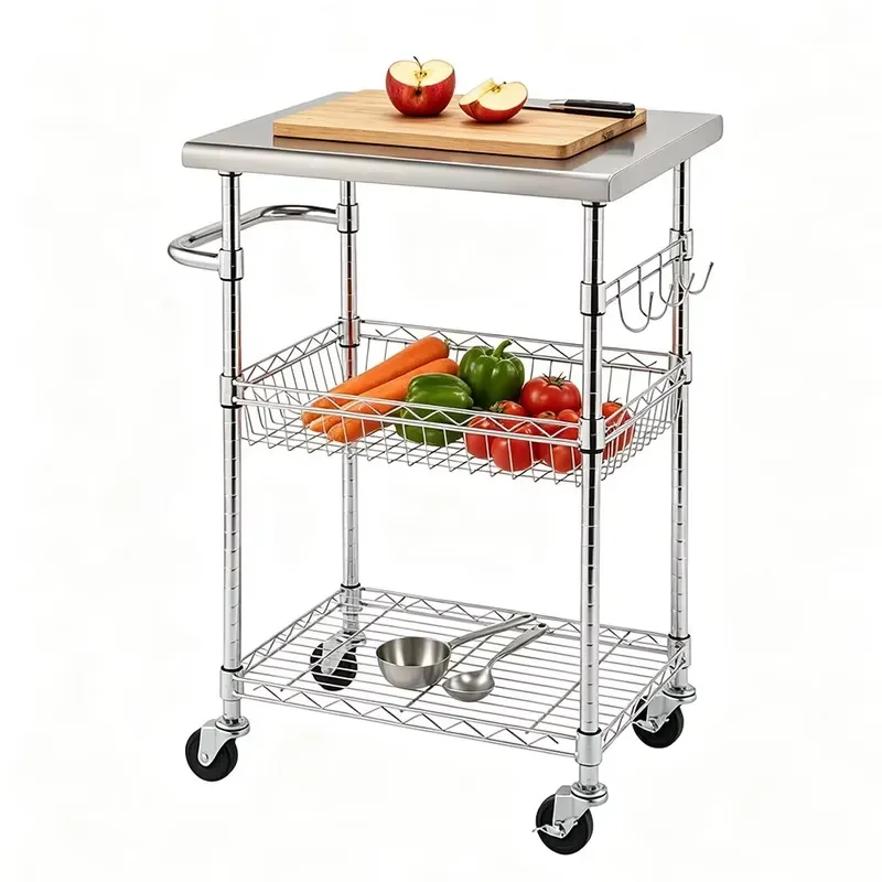 3 Tier Mobile Kitchen Cart Stainless Steel Prep Table with Hooks Adjustable Wire Utility Shelf for Food Service Truck