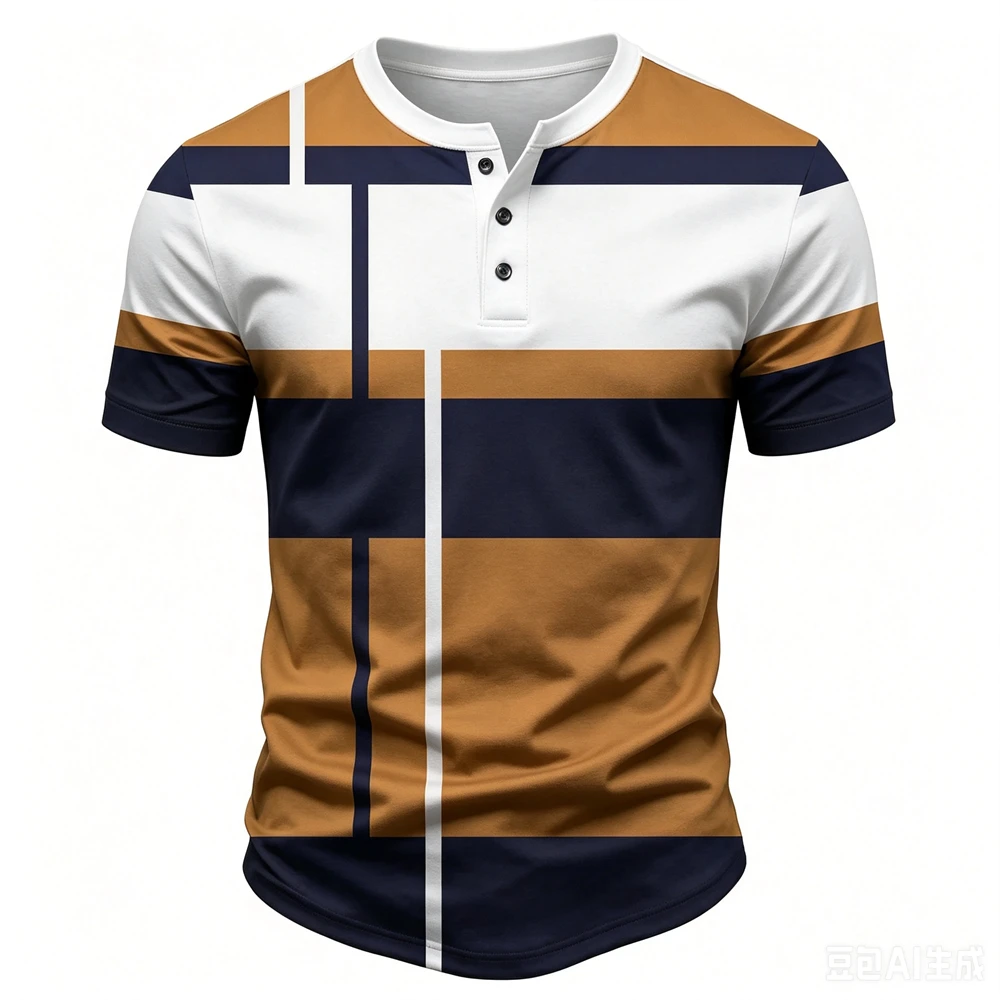 Funny Stripes Splice Print Men's Henry Shirt Fashion Henry Collar Button Tops Casual Loose Short Sleeve Tees Summer Men Clothing