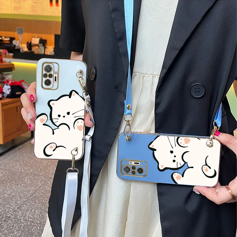 White Cloud Cat Lanyard Plating Phone Case For Xiaomi Redmi Note 10Pro 10T 10S 10 11T 11 11Pro 11S 11TPro 11E 12Pro 12S 12 Cover