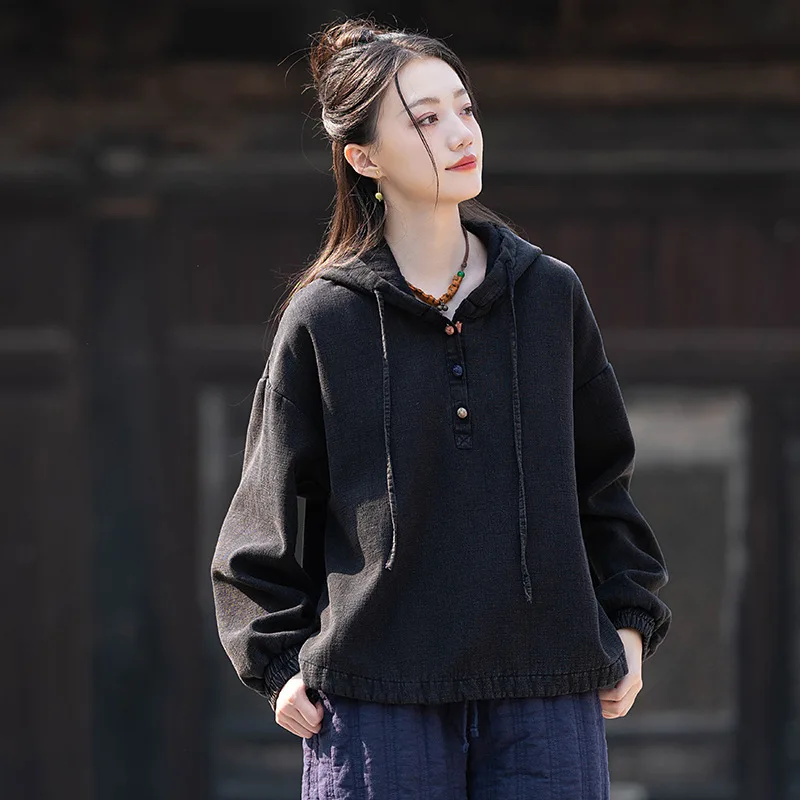

Thickened Hooded Fleece Women's Cotton Linen Blend Long Sleeve Thermal Top Winter Warm Hoodie Button Front Closure Artistic S...