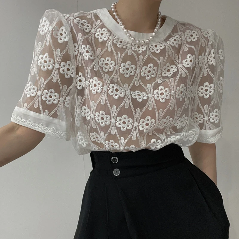 Ele round Ne Haftowana Koronka Luźna Damska Sukienka Bubble Sve z Krótkim Rękawem Letnia Moda Wysoki Stan Krótki Top Casual