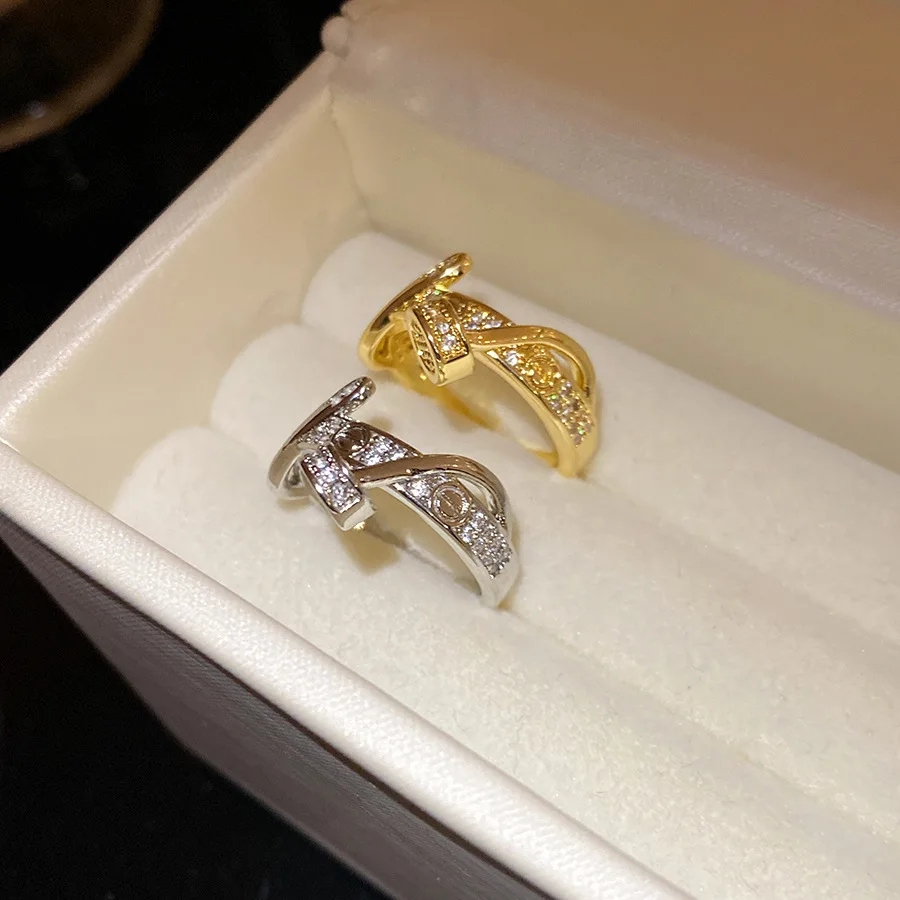 Adjustable Open Geometric Zircon Ring High-end Trendy Female Daily Banquet Hand Ornament Present