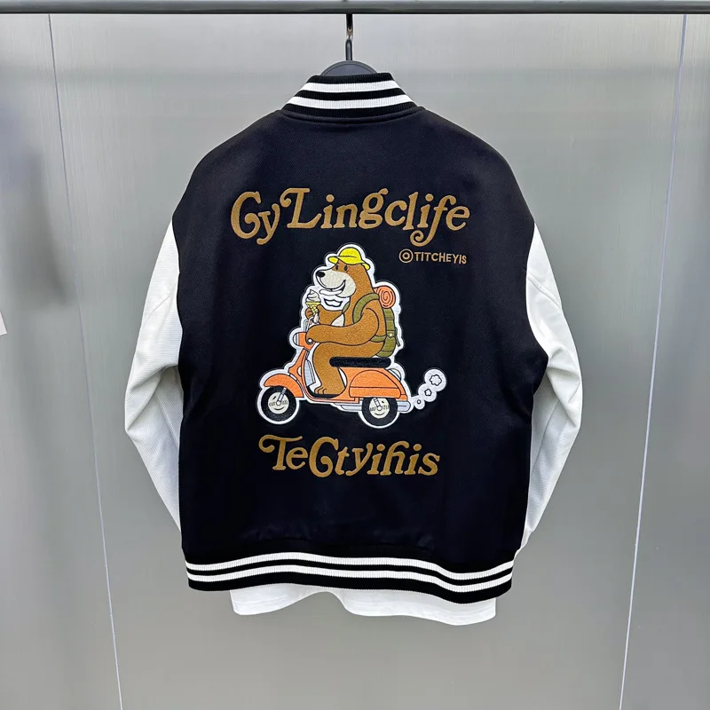 

Faionable Casual Patchwork Jaet 2024 Autumn New Design Embroidered Cartoon Baseball orm Men's Outerwear Breathable