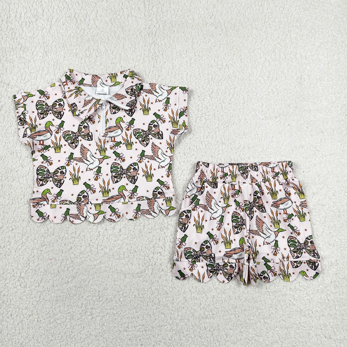 Baby Girl Camo Bows Ducks Zipper Top Shorts Hunting Scallop Cutest Clothes Sets Kids Comfortable Set Children 2Pcs Sets Clothing