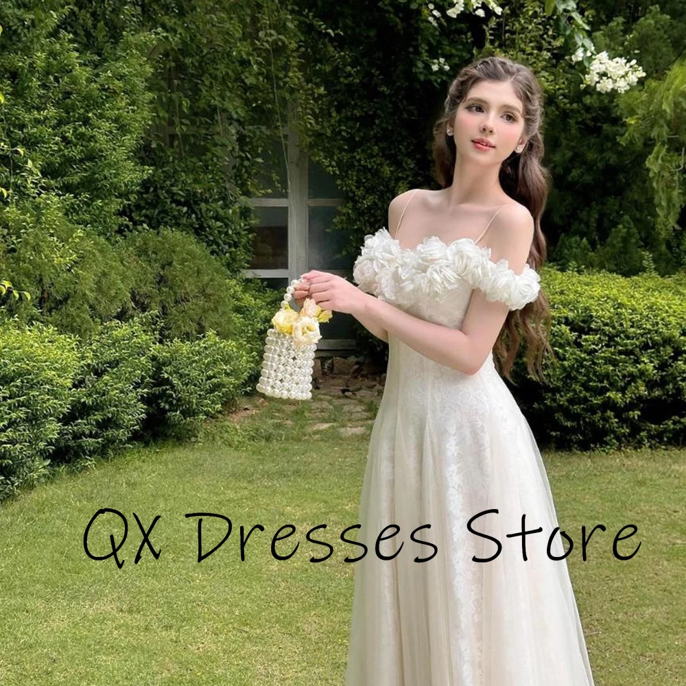 Customized Retro Flower Spaghetti Lace A-line Tulle White Bridesmaid Dress Ankle Length Off the Shoulder Simple Evening Dresses