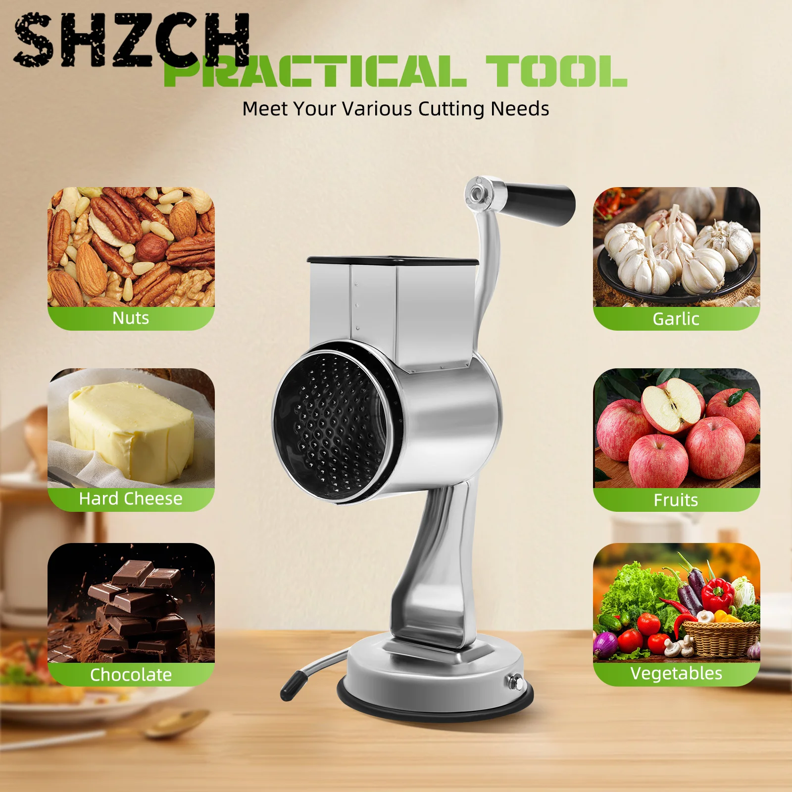 Rotary Grater Set with 5 Stainless Steel Drums, Manual Vegetable Slicer Cutter & Grinder, Multi-Function Kitchen Mill Tool