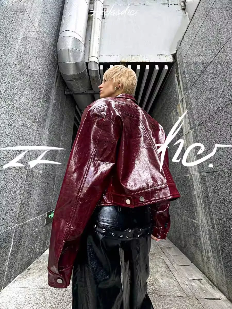 Lautaro Autumn Cool Short Oversized Pu Leather Jacket Women Shoulder Pads Zippper High Quality American Retro Punk Style Clothes