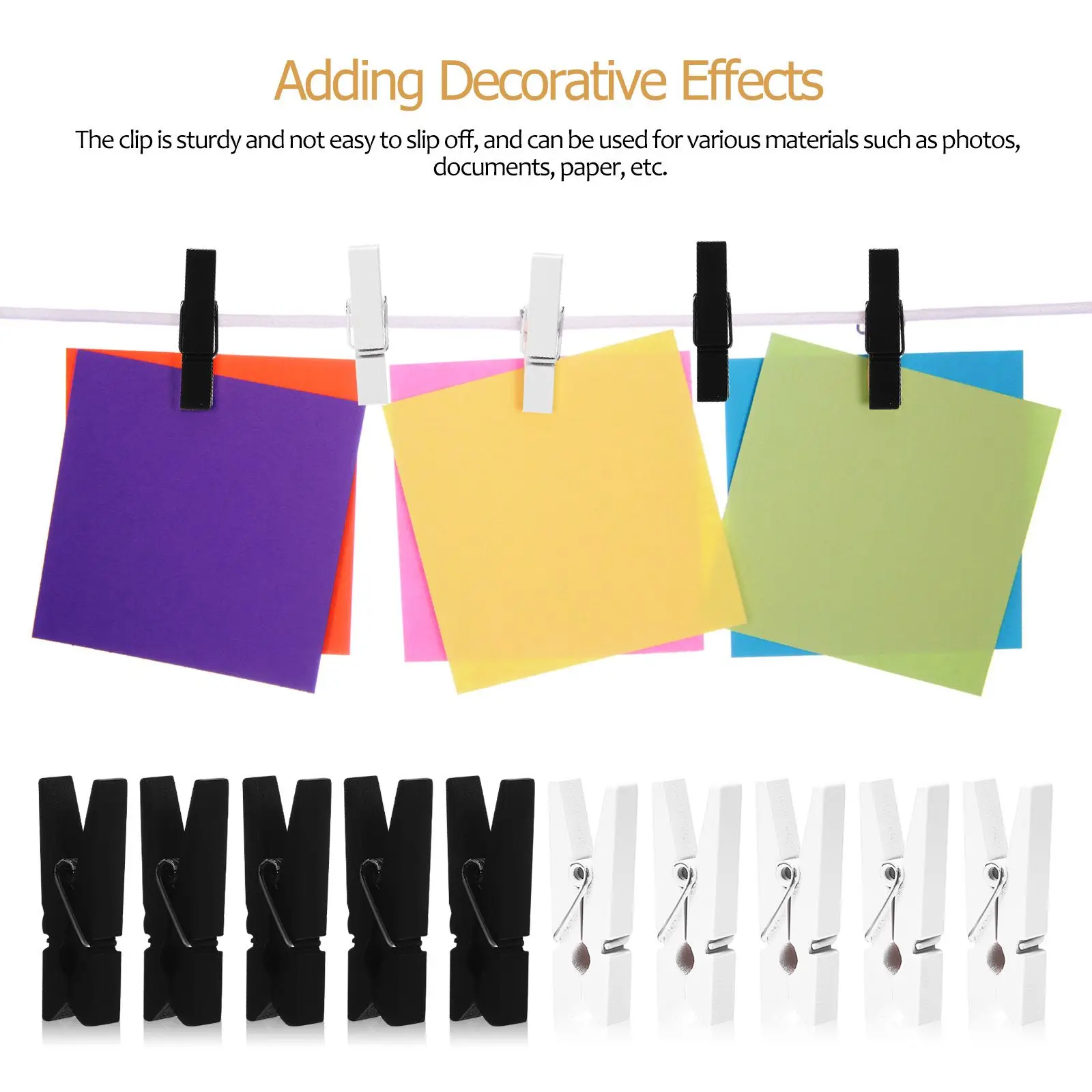 Description Picture 5 of item100 Pcs Wooden Decorative Clips 50 Black 50 White Strong Grip Photo Wall ganizer Clothes Pins Laundry Pegs Document Clip Storage