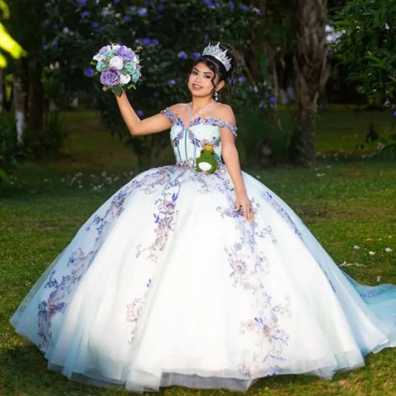 

Light Color Quinceanera Dresses off-shoulder Crystal Glitter Flower Decal Long tail Vestido De 15 Quinceanera Customize