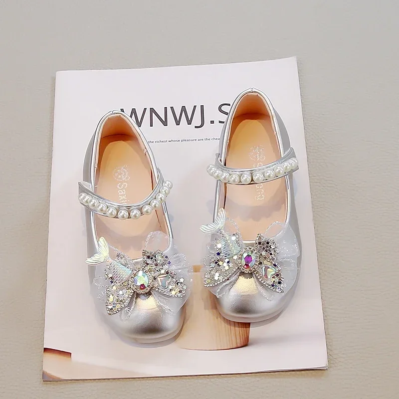 

2025 Autumn New Children Leather Shoes Sweet Lace Bows Kids Princess Shoes Round Toes Non-slip Girls Flat Shoes Elegant Trendy