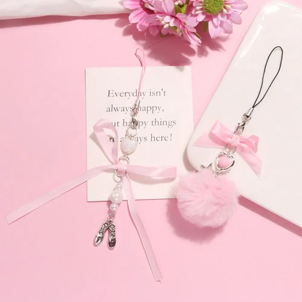 

Key Holder Y2K Pink Y2K Phone Chain Hairball Sweet Mobile Phone Lanyard Bowknot Ribbon Phone Case Pendant Backpack Ornament