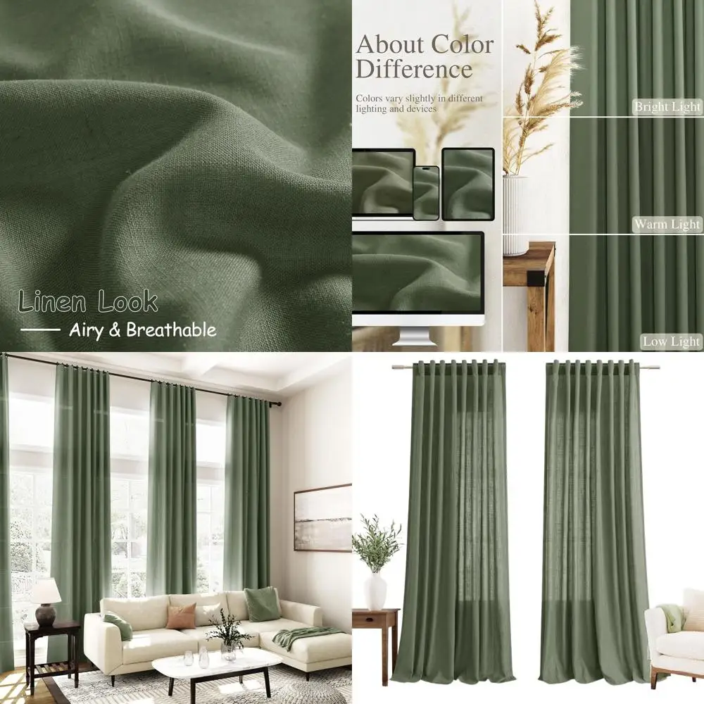 96 halbtransparente olivgrüne Leinenvorhänge, 2-teiliges Set, Rückenlehne, Lichtfilterung, moderner Stil für Zuhause