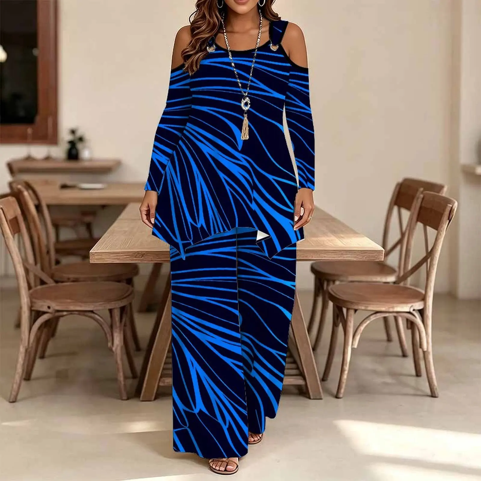 Plus Size Printed Trousers Autumn Long-sleeved Off-the-shoulder T-shirt Winter Two-piece Set Elegant Pants Women's Irregular Top