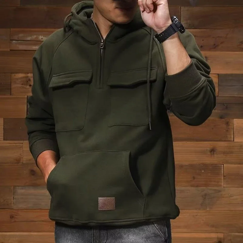 

2025 Men's Hoodies Sweatshirts Multi Pockets Tough Guy Style Men Clothing Male Hooded Jackets Outdoor Half Zipper Solid Color Bl
