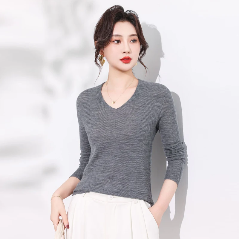 

Весенний женский свитер из 100% крученой шерсти, повседневный вязаный пуловер из пряжи Yangtze, приталенный топ с V-образным вырезом, блузка из камвольной шерсти