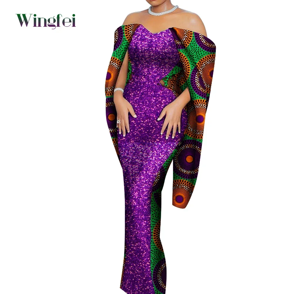 Bazin Riche African Dresses for Woman Vestidos Fashion Robe Africaine Bat Sleeve Long Dresses Lady Dashiki Party Clothes WY8518