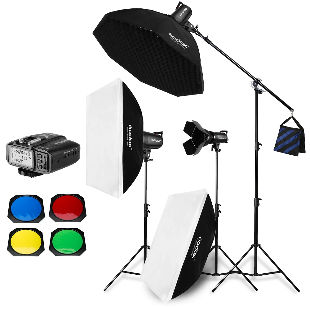 

900W Godox SK300 II 3x 300W Photo Studio Flash Lighting,Softbox, Studio Boom Arm Top Light Stand Kit