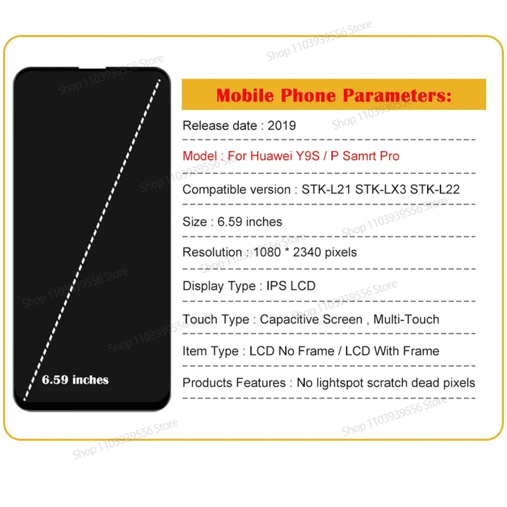 6.59\'\' Original New For Huawei Y9S Y9 s / P Smart Pro 2019 LCD High Quality LCD&Touch Screen Digitizer with frame Display Tested