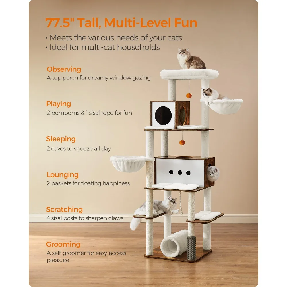 Cat Tree, 77.5-Inch Tall Modern Cat Tower, Multi-Level Cat Condo for Indoor Cats