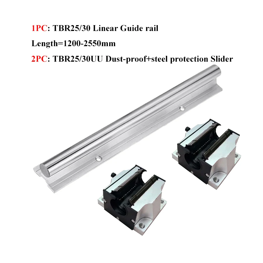 Linear Guide Rail 1/2PC TBR25/30 Length 1200-2550mm 1/2/4PC TBR25/30UU Dustproof Steel Protection Slider Support Block CNC Parts