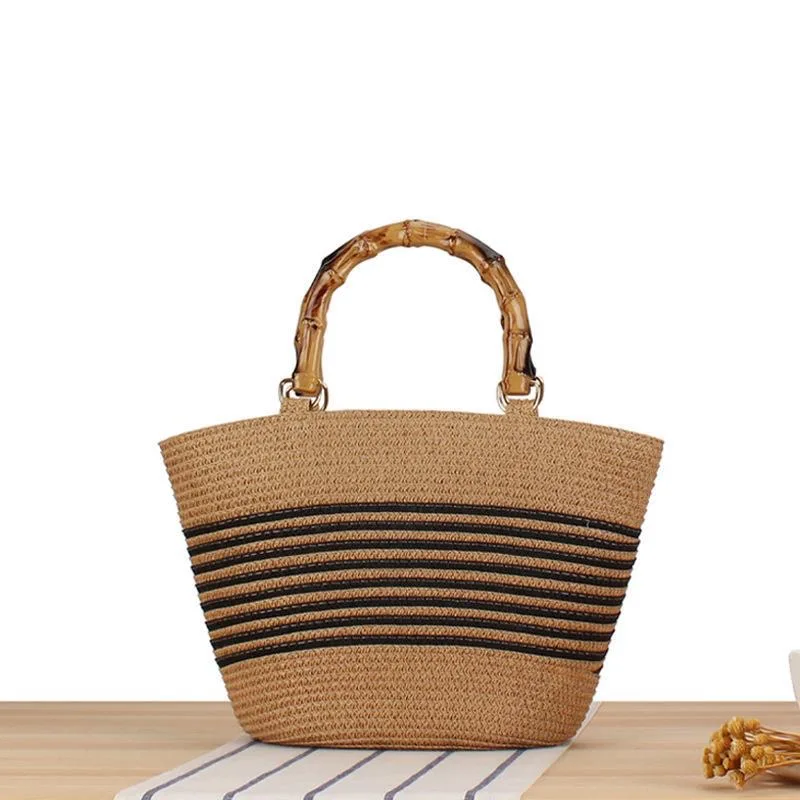 Borsa da spiaggia per le vacanze borsa di paglia retrò francese in bambù imitazione, borsa tessuta portatile a righe di grande capacità, borsa a