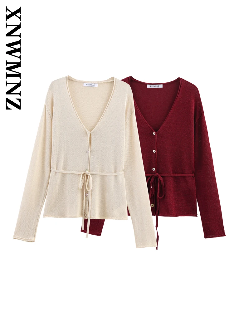 

XNWMNZ 2025 Spring New Product Lady Simple Fashion Long Sleeve V-Collar Knit Cardigan Chic Casual Woman's Long Sleeve Top