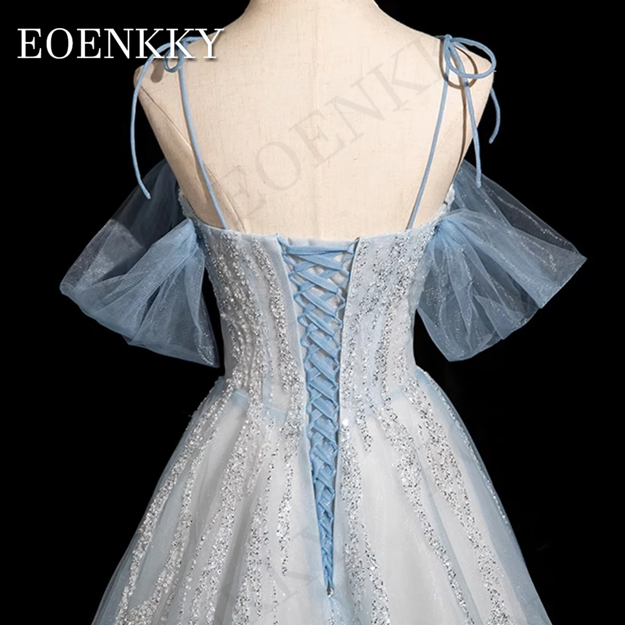 Robe de Bal Bleue de Luxe à Perles et Bretelles Spaghetti, Ligne A, pour ixd\'Anniversaire, 2024 Robe de bal de fin d\'année bleue à épaules dénudées