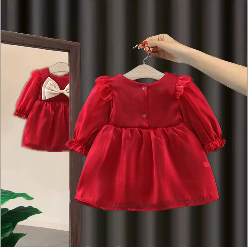 Spring and Autumn Christmas Baby Girl Long Sleeve Dress Girls\' Color blocked Bow Solid Color Princess Dress 0-3 Years Old