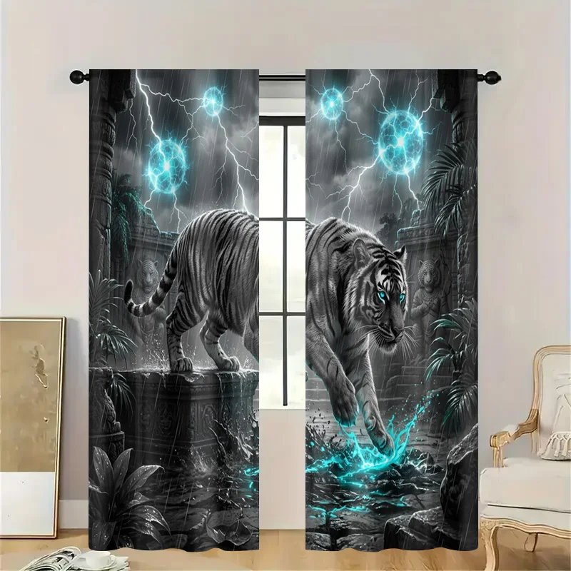 Dramatic Jungle Tiger Lightning Curtains Window Curtain Panel Tropical Animal Print Curtain Rod Window Decoration for Home Decor