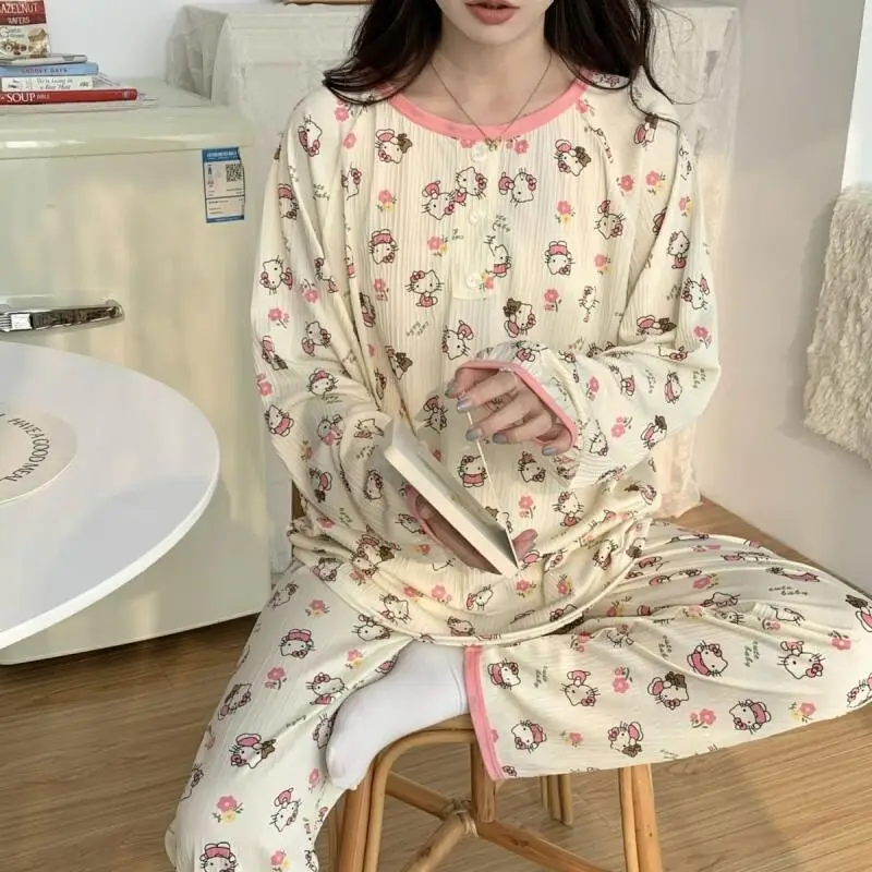 

Sanrio Hello Kitty женские пижамные комплекты для сна Kawaii мультфильм весна и осень брюки с длинными рукавами свободная одежда для сна домашняя одежда