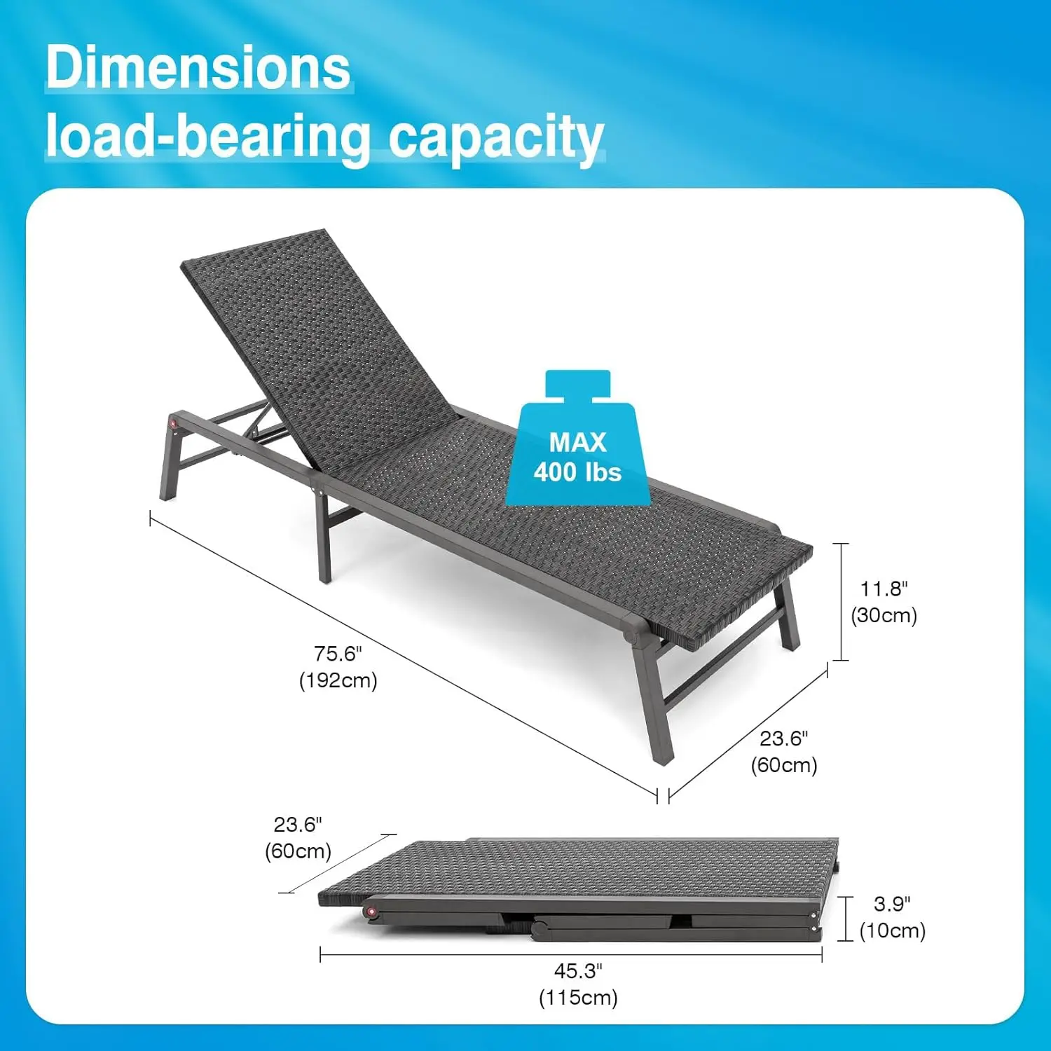 Tumbona de mimbre de aluminio para exteriores, conjunto de 2 Chaise Lounge, plegable, No requiere montaje