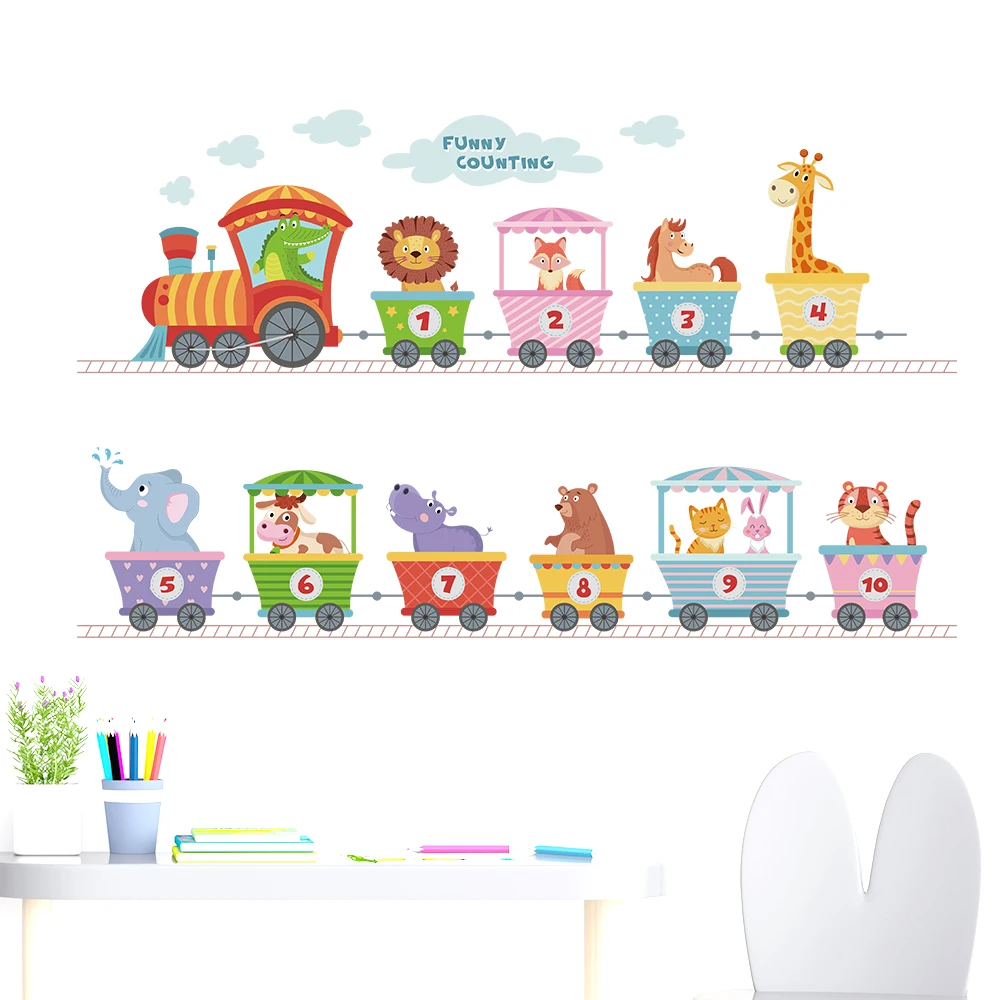 Cute Cartoon Animals Train Removable Wall Stickers for Window Tile Kids Nursery Bedroom Decals Kindergarten Showcase Decor Art