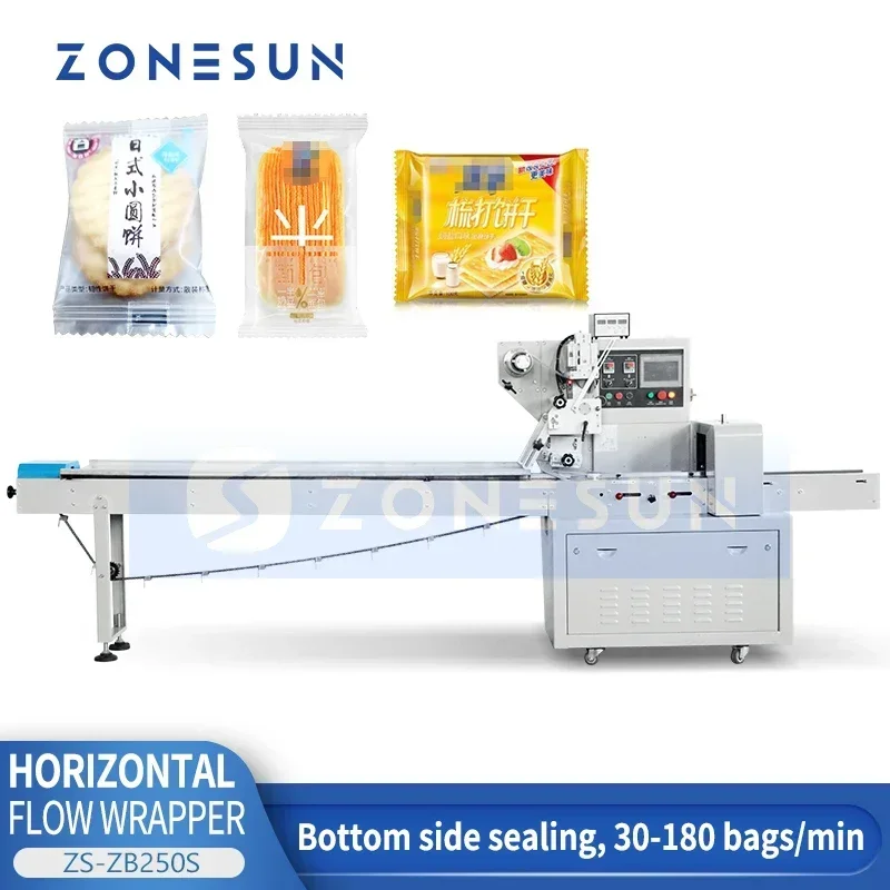 ZONESUN ZS-ZB250S Horizontal Flow Pack Machine Back Line Sealed Bags for Snacks, Facial Mask & Daily Product Packaging