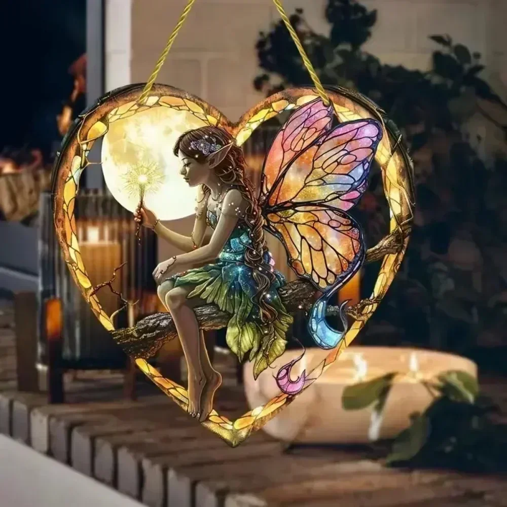 Cute Magical Butterfly Flower Fairy Suncatcher Stained Acrylic Heart Shape Hang Ornament Home Office Garden Outdoor Decoration