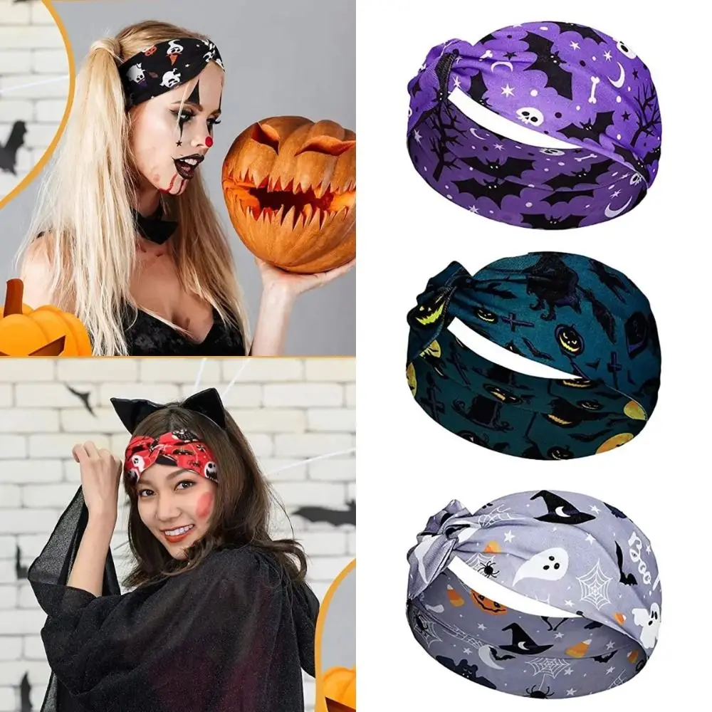 Vintage Knot Elastic Turban Soft Wide Edge Bat Print Wide Headbands Colorful Pumpkin Halloween Printed Headband Girls Ladies